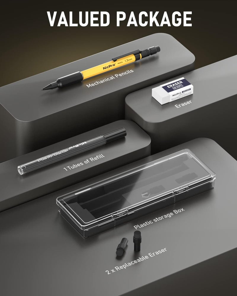 Nicpro 1.3 mm Mechanical Pencil Set with 12 Lead Refill, Eraser - Weatherproof Metal MP2000 Heavy Duty Carpenter Pencil for Outdoor Marking Drafting Drawing Sketching Woodworking - with Case - Image 5